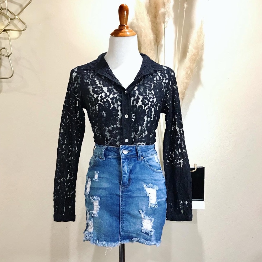 Vintage See-through Lace Button-Down Shirt